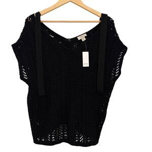 Loft Black Crochet Knit Oversized Sweater with Ribbon Neck Tie Size XL‎ NWT